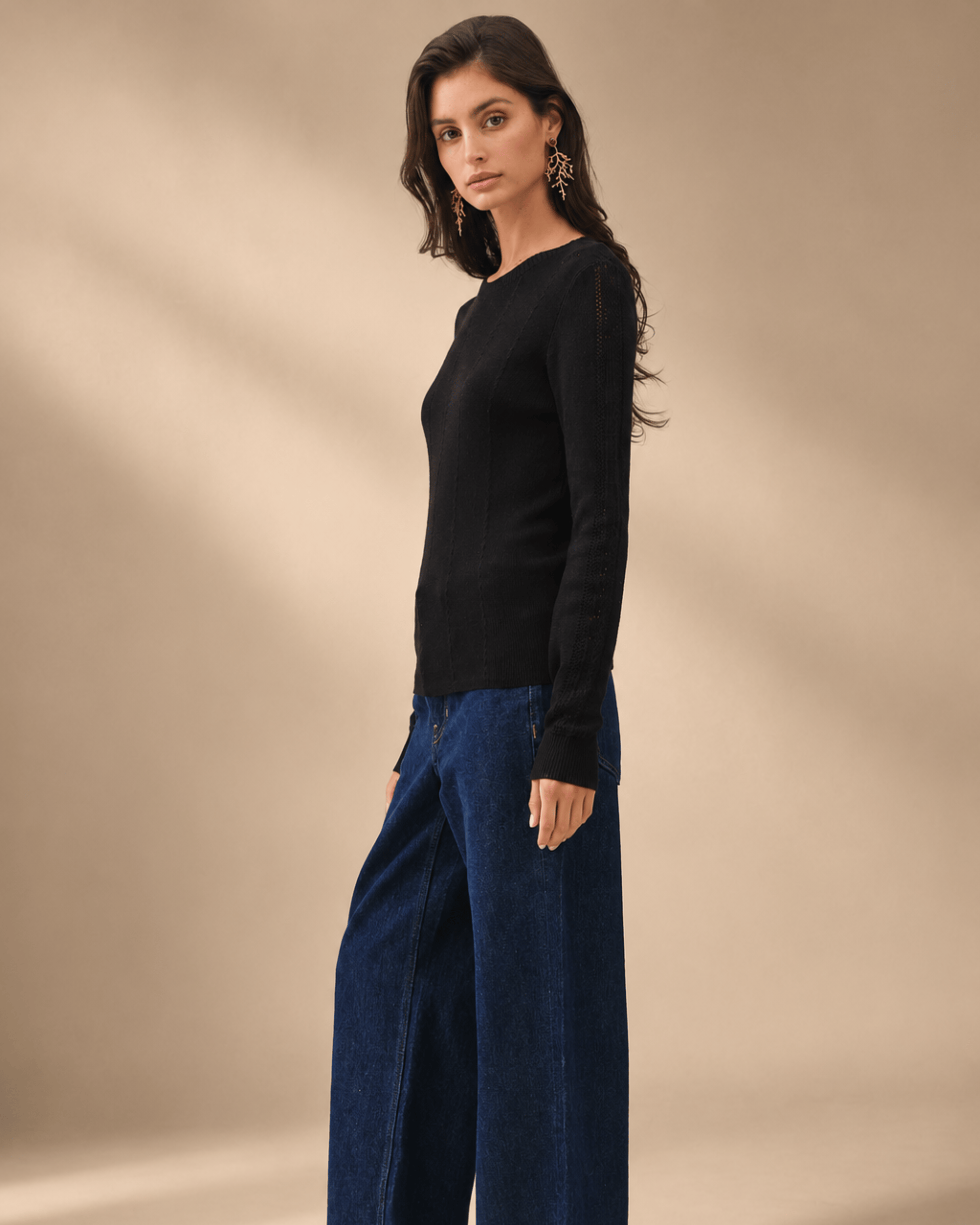Crochet Sleeve Pointelle Fine Sweater