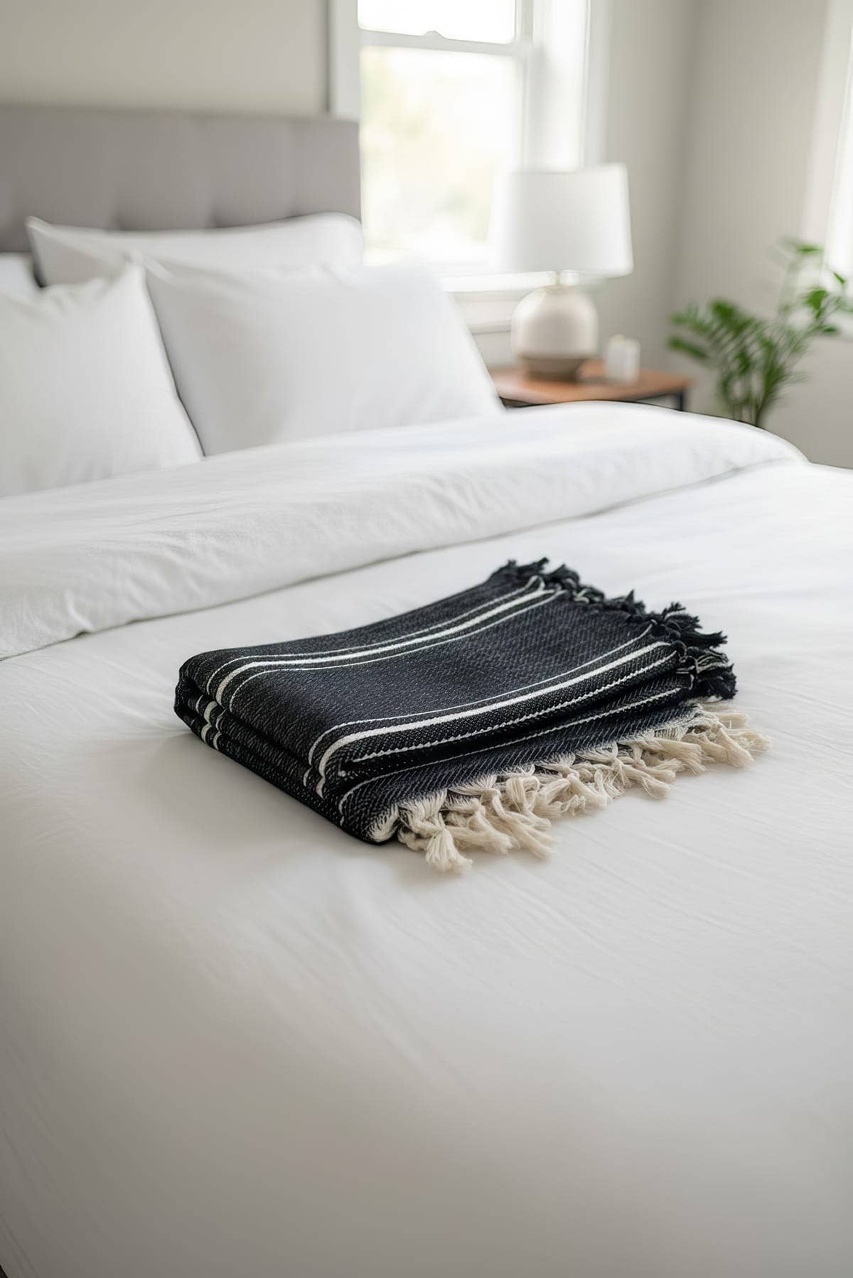 Minimalist 100% Cotton Throw Blankets & Bedspreads: Cream With Black Stripes / Throw Size: 51x79 inch