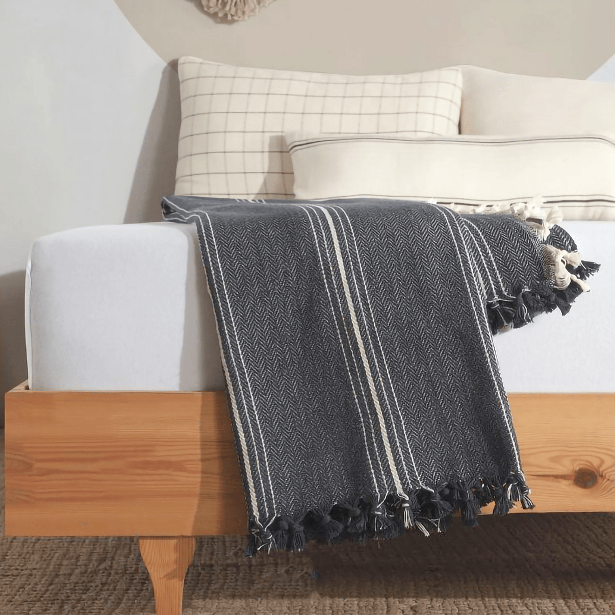 Minimalist 100% Cotton Throw Blankets & Bedspreads: Cream With Black Stripes / Throw Size: 51x79 inch