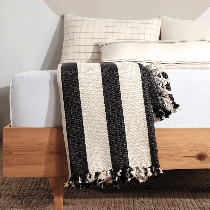 Minimalist 100% Cotton Throw Blankets & Bedspreads: Navy Blue with Stripes / Throw Size: 51x79 inch