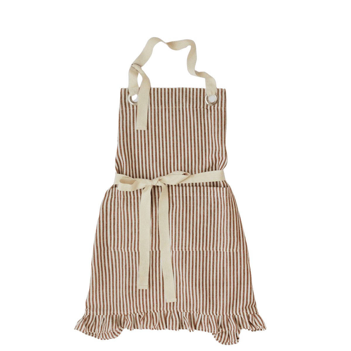 Ruffle Pin Stripe Apron: Tan