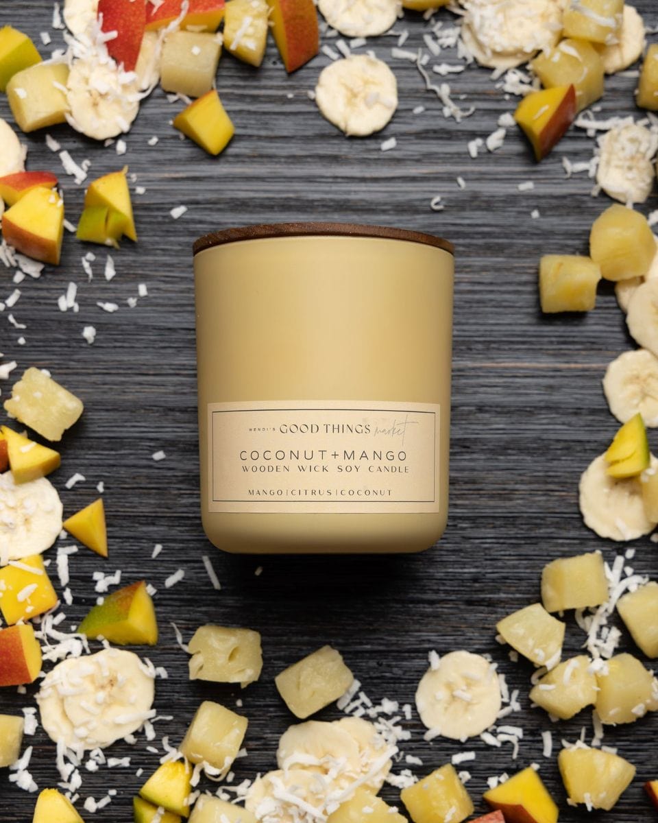 coconut and mango luxury scented soy candle, Wendi's Good Things Market