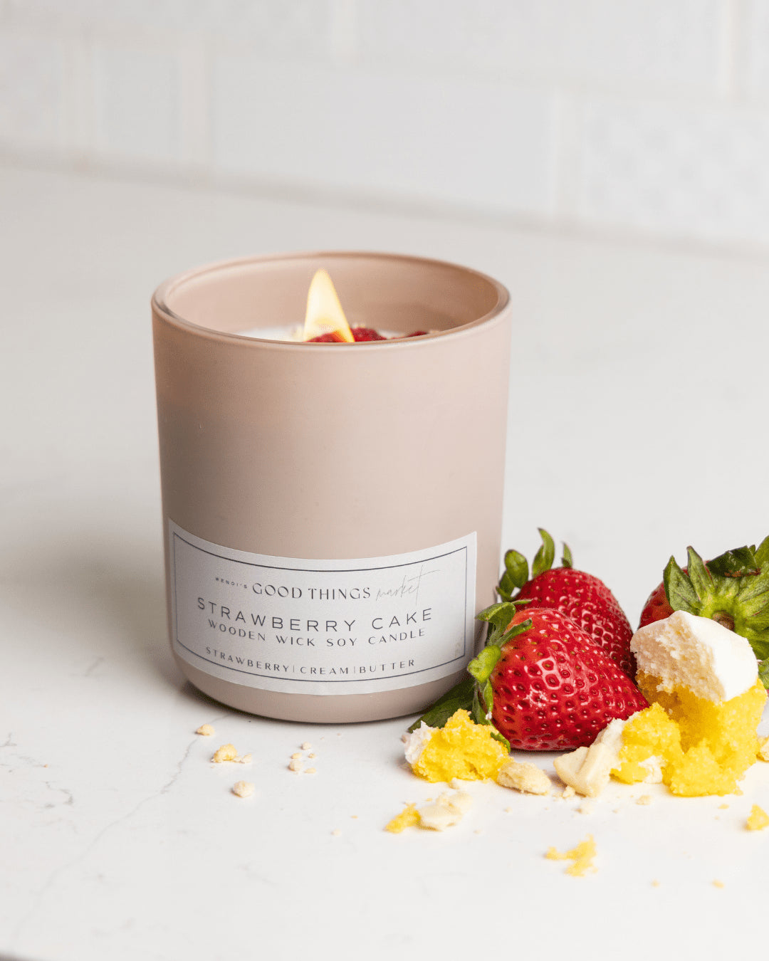 strawberry cake soy candle, wendi's good things market, made in colorado